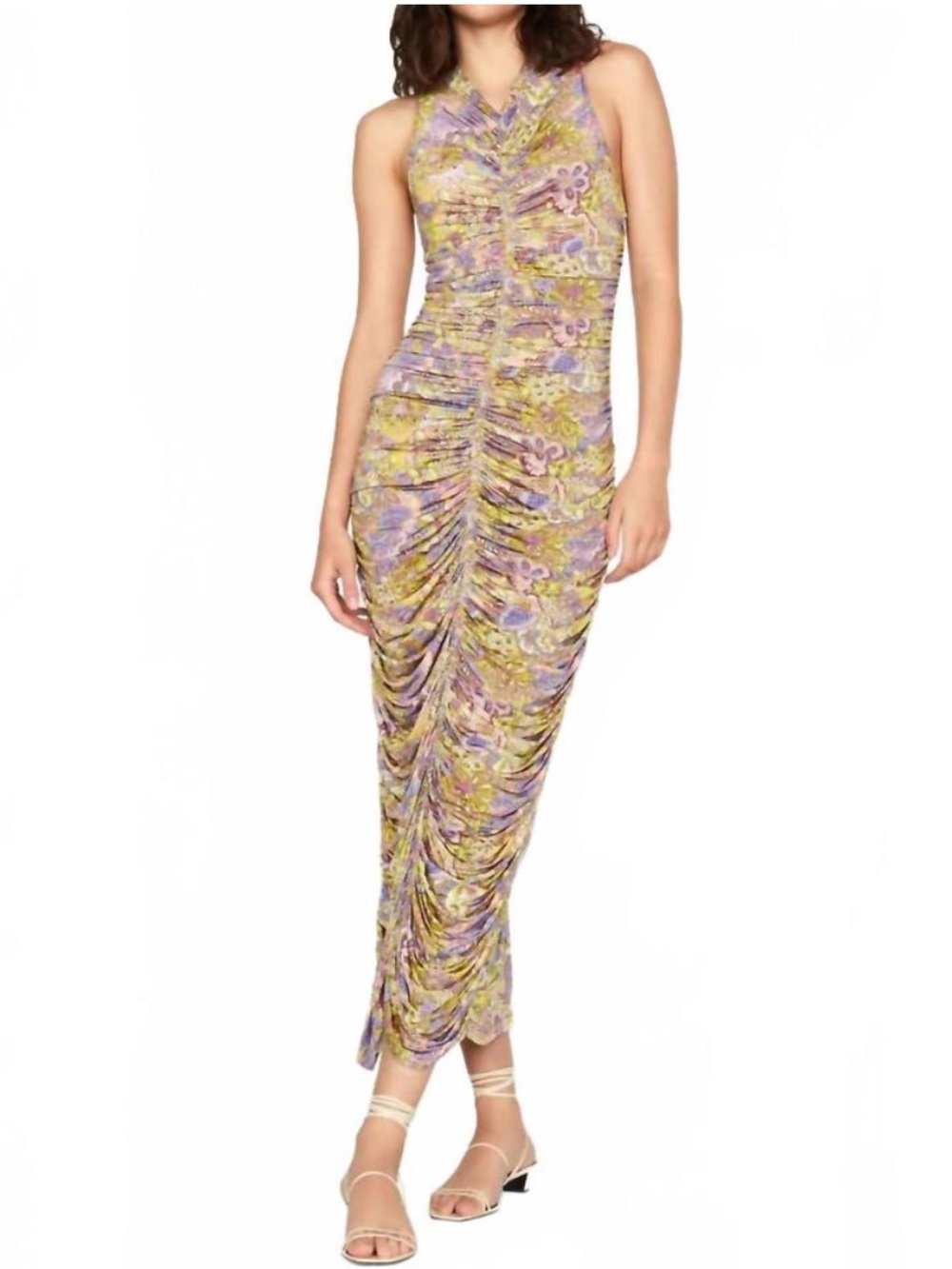 Marie Oliver Roxie New Lavender and Yellow Ruched Halter Midi Dress